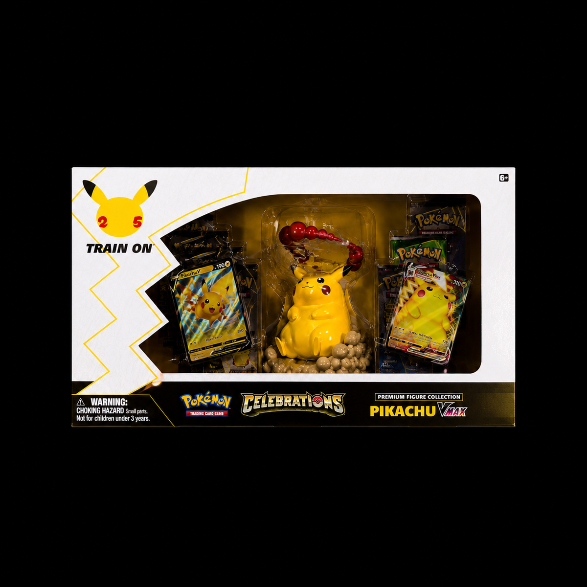 Pokémon Premium Collection Box met Pikachu-figuur en booster packs op een zwarte achtergrond.