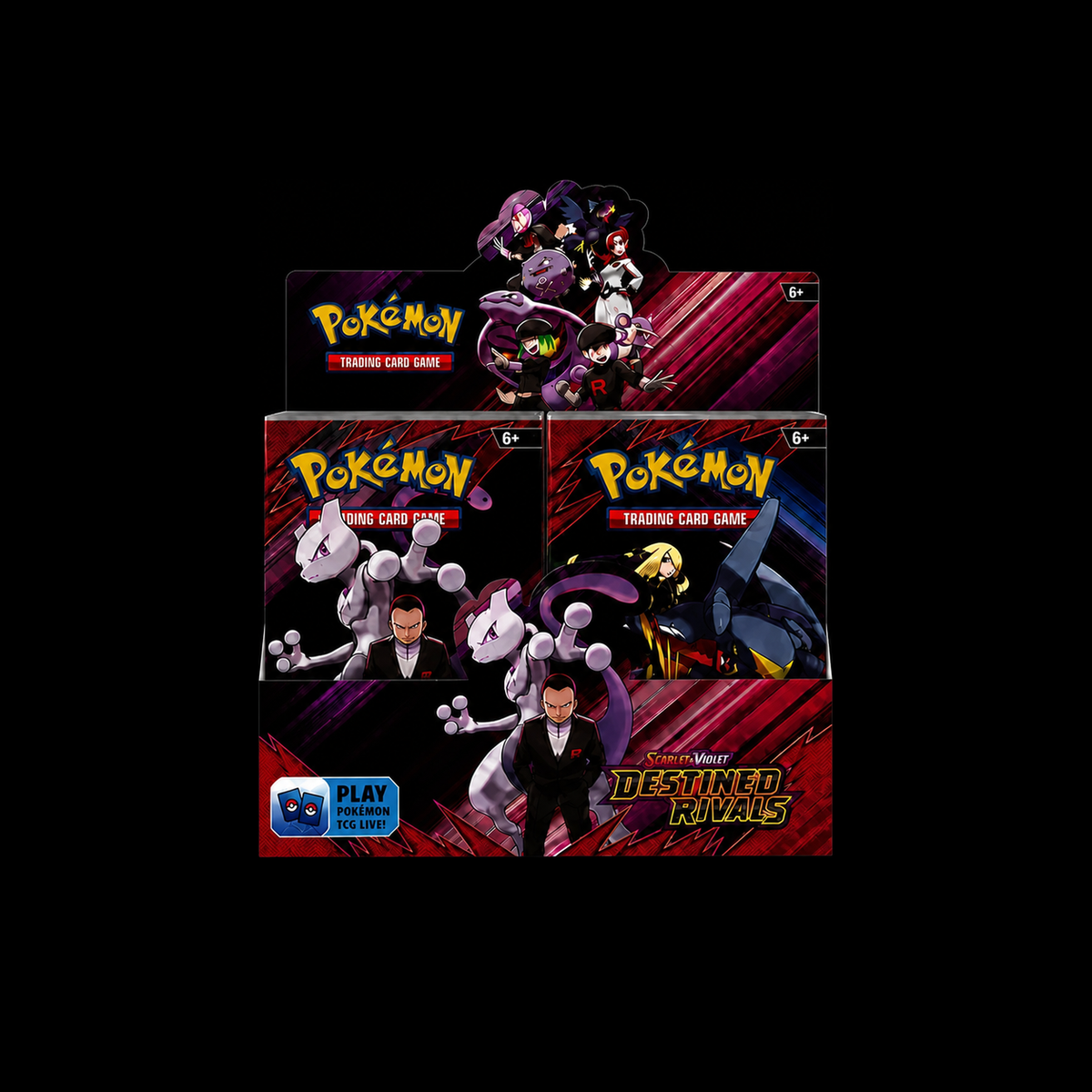 Pokémon Booster Box met verzegelde boosterpack-verpakkingen op een zwarte achtergrond.