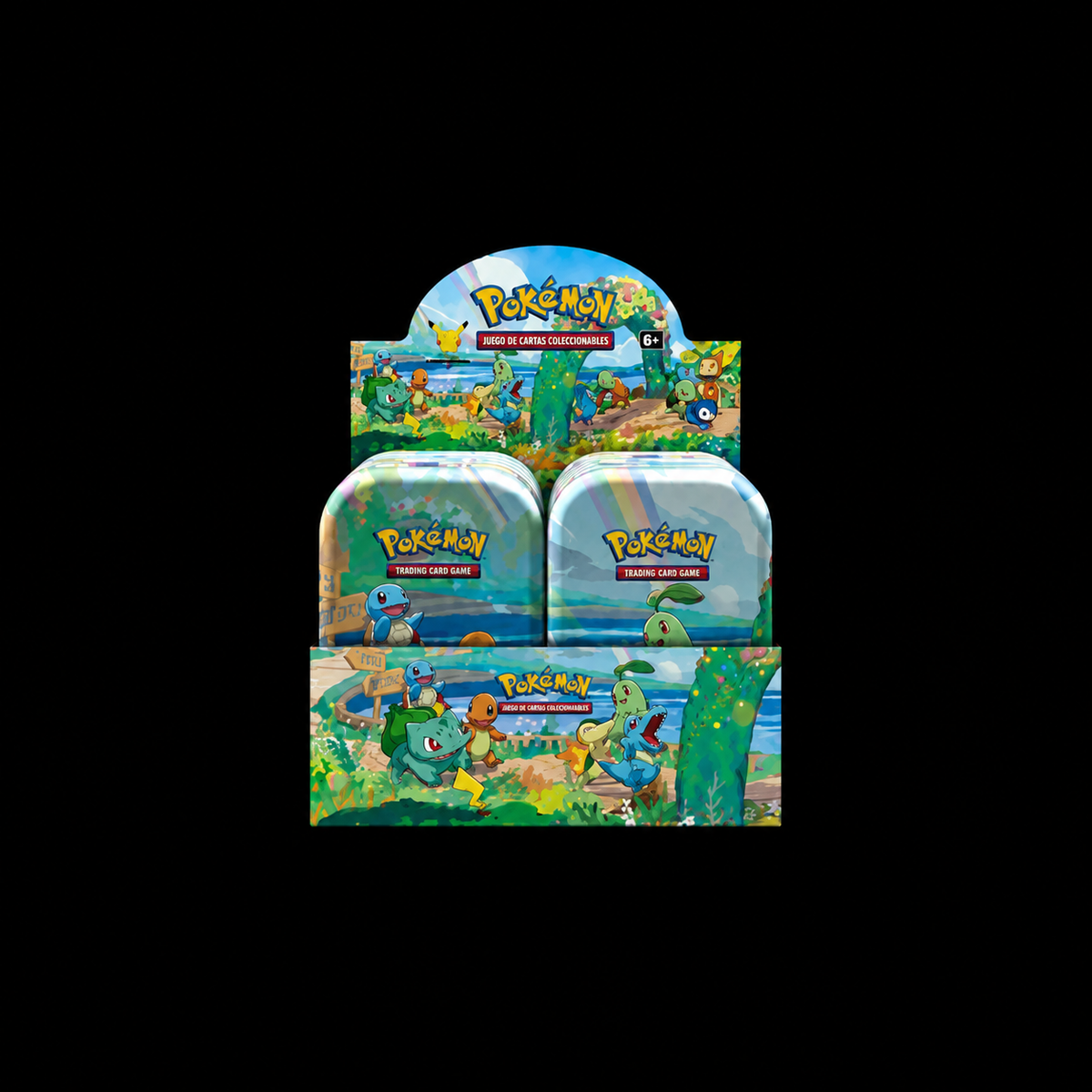 Pokémon Mini Tin Display met meerdere geïllustreerde verzamelblikken op een zwarte achtergrond.