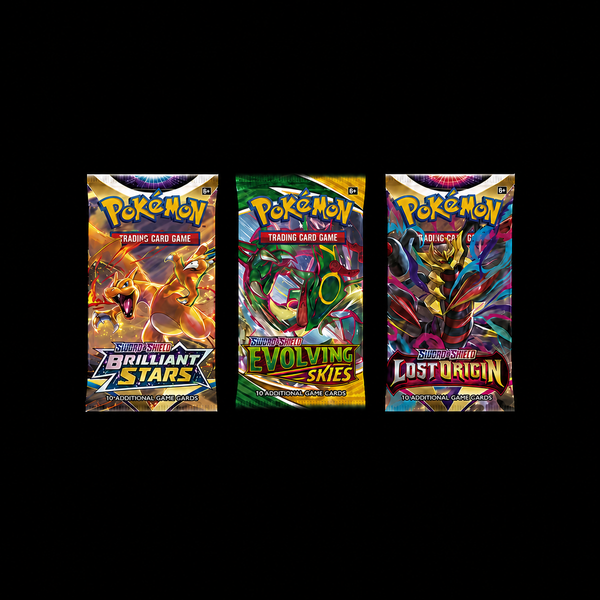 Pokémon Art Set met verschillende verzegelde boosterpack-ontwerpen op een zwarte achtergrond.