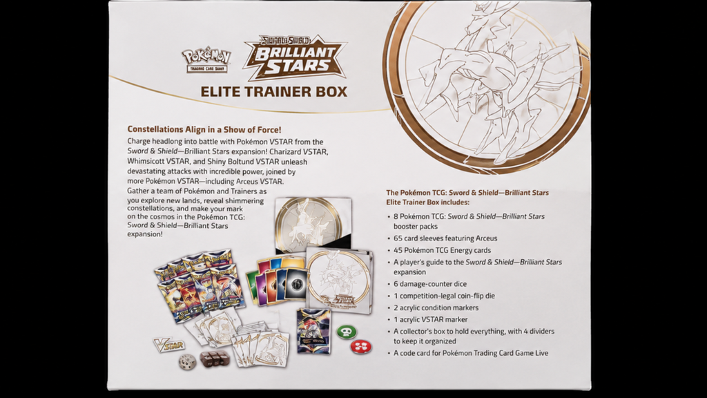 Pokémon Brilliant Stars Elite Trainer Box achterkant en inhoudsoverzicht – Factory Sealed