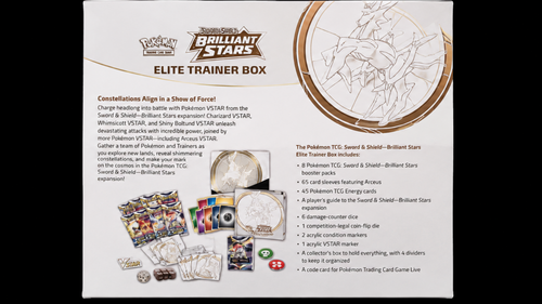 Pokémon Brilliant Stars Elite Trainer Box achterkant en inhoudsoverzicht – Factory Sealed