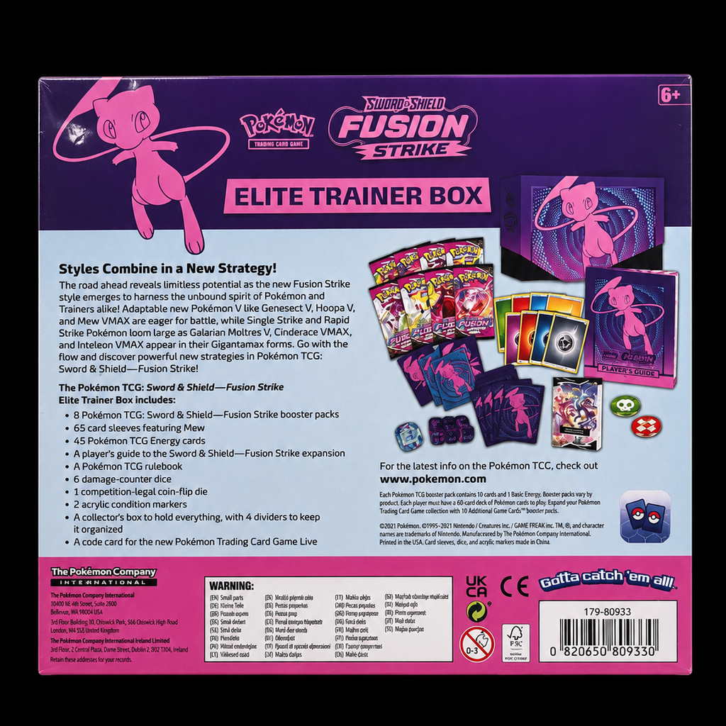 Pokémon Fusion Strike Elite Trainer Box met Mew achterkant en inhoudsoverzicht – Factory Sealed