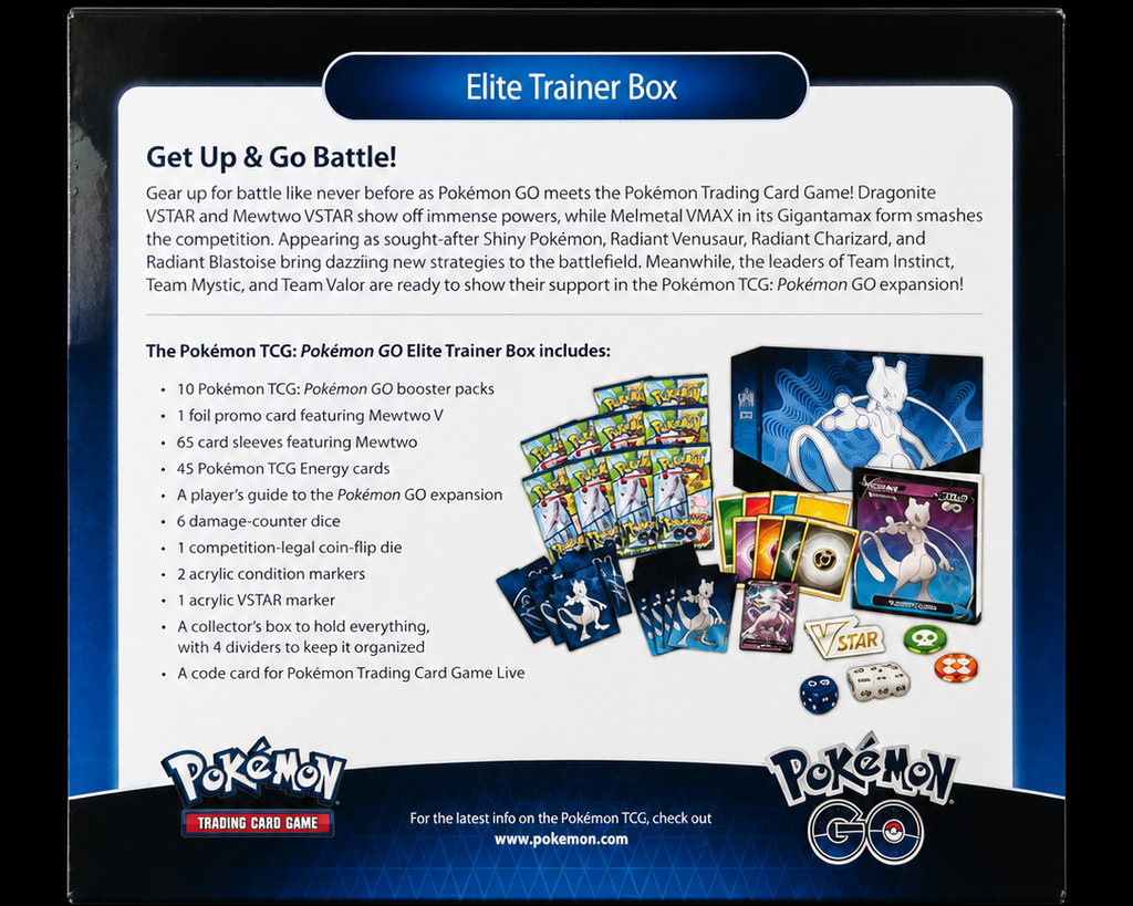 Pokémon GO Elite Trainer Box met Mewtwo achterkant en inhoudsoverzicht – Factory Sealed