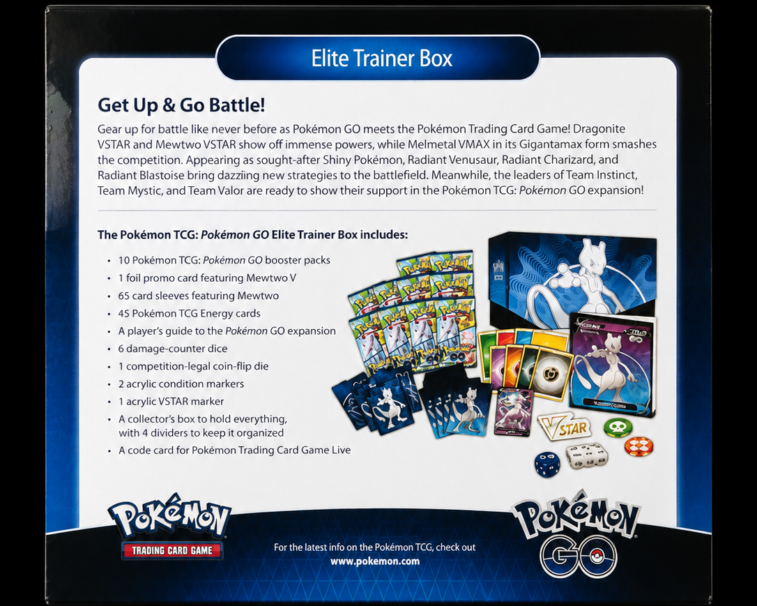 Pokémon GO Elite Trainer Box met Mewtwo achterkant en inhoudsoverzicht – Factory Sealed