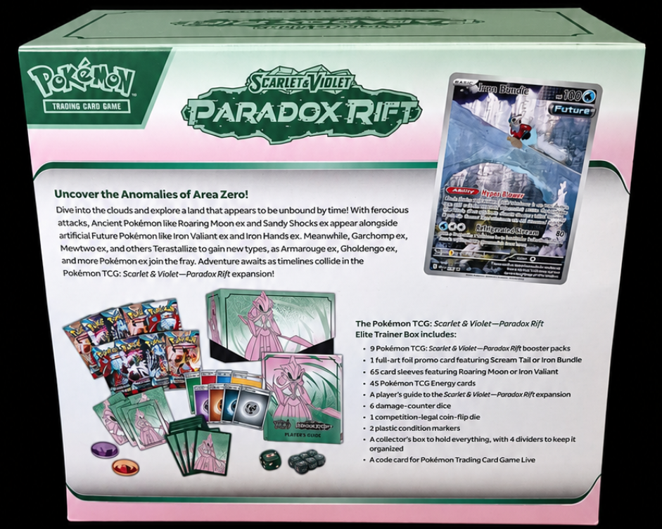Pokémon Paradox Rift Iron Valiant Elite Trainer Box achterkant en inhoudsoverzicht – Factory Sealed