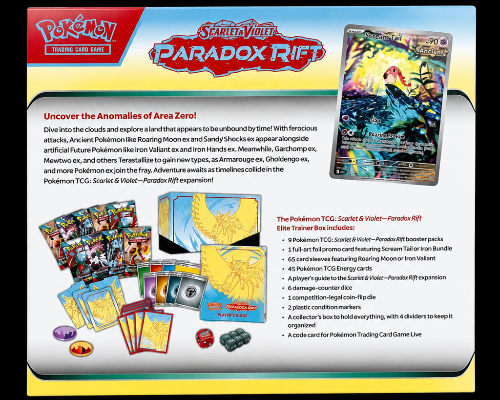 Pokémon Paradox Rift Roaring Moon Elite Trainer Box achterkant en inhoudsoverzicht – Factory Sealed