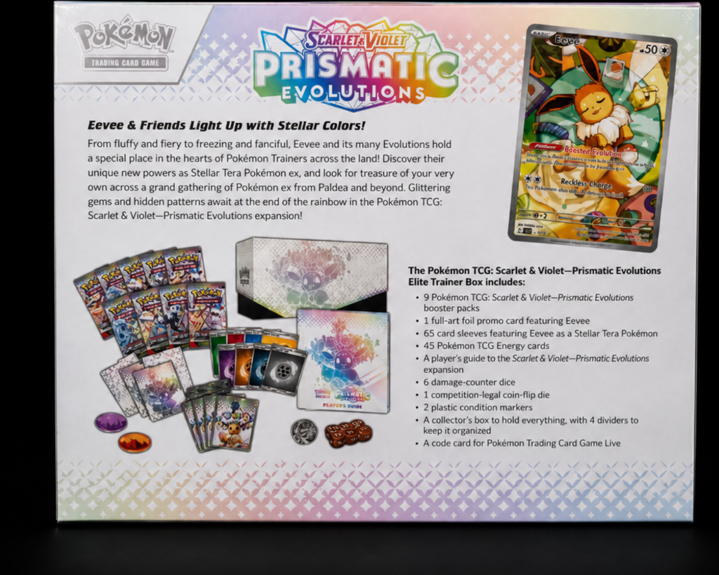 Pokémon Prismatic Evolutions Elite Trainer Box achterkant met inhoudsoverzicht – Factory Sealed