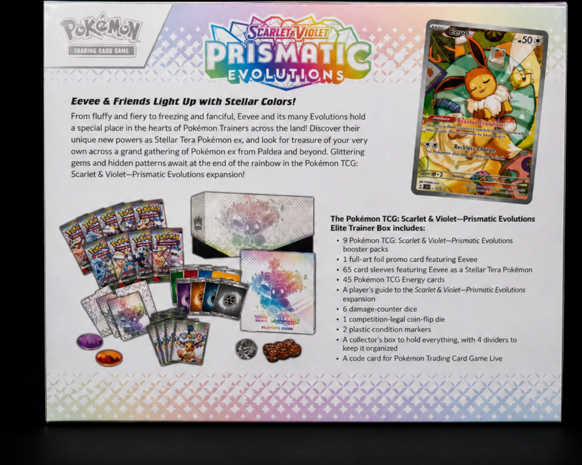 Pokémon Prismatic Evolutions Elite Trainer Box achterkant met inhoudsoverzicht – Factory Sealed