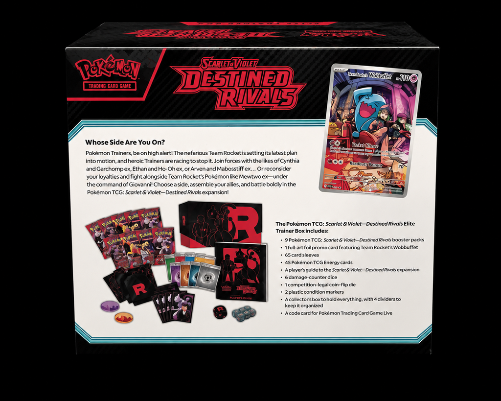 Pokémon Scarlet & Violet Destined Rivals Elite Trainer Box achterkant en inhoudsoverzicht – Factory Sealed