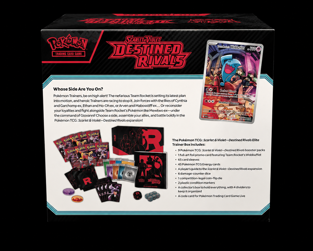 Pokémon Scarlet & Violet Destined Rivals Elite Trainer Box achterkant en inhoudsoverzicht – Factory Sealed