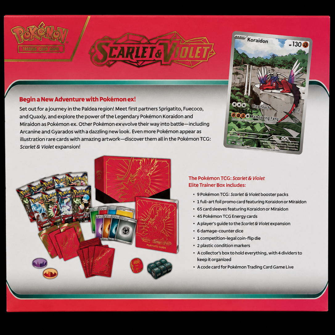 Pokémon Scarlet & Violet Koraidon ex Elite Trainer Box achterkant en inhoudsoverzicht – Factory Sealed