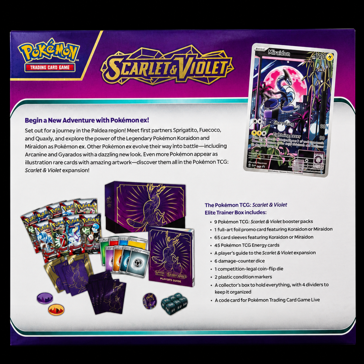 Pokémon Scarlet & Violet Miraidon ex Elite Trainer Box achterkant en inhoudsoverzicht – Factory Sealed