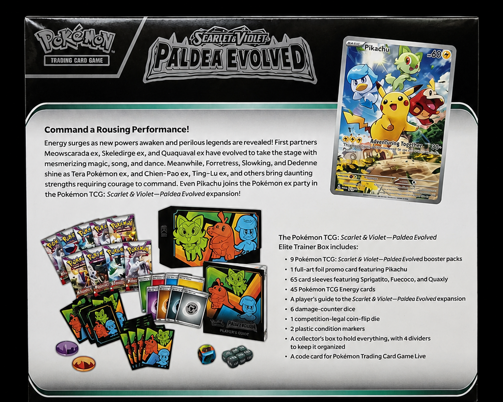 Pokémon Scarlet & Violet Paldea Evolved Elite Trainer Box achterkant en inhoudsoverzicht – Factory Sealed