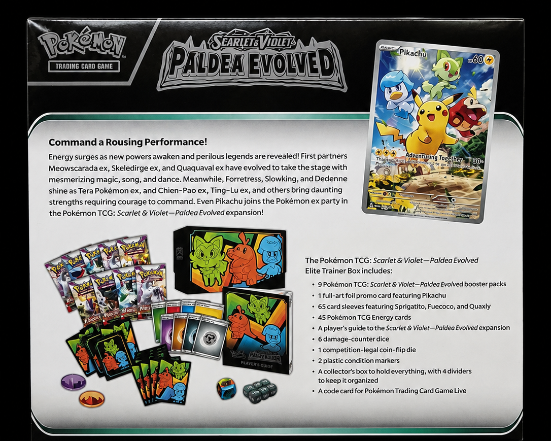 Pokémon Scarlet & Violet Paldea Evolved Elite Trainer Box achterkant en inhoudsoverzicht – Factory Sealed