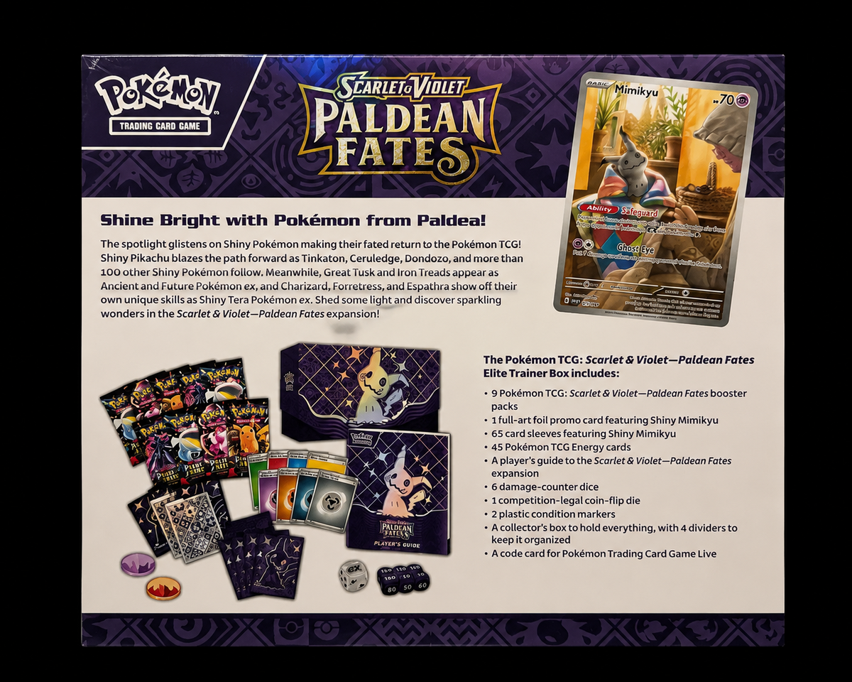 Pokémon Scarlet Violet Paldean Fates Elite Trainer Box Shiny Mimikyu productoverzicht