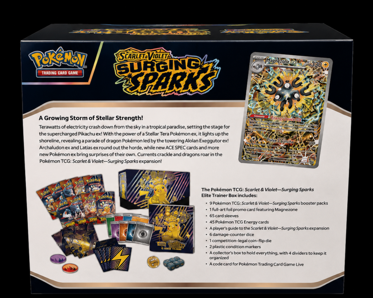 Pokémon Surging Sparks Elite Trainer Box achterkant