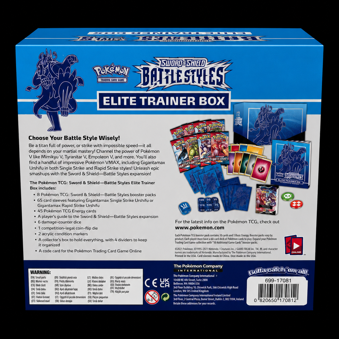 Pokémon Sword & Shield Battle Styles Rapid Strike Urshifu Elite Trainer Box achterkant en inhoudsoverzicht – Factory Sealed