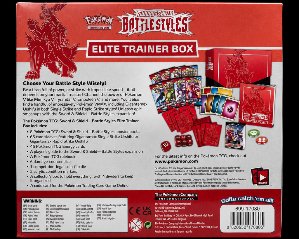 Pokémon Sword & Shield Battle Styles Single Strike Urshifu Elite Trainer Box achterkant en inhoudsoverzicht – Factory Sealed