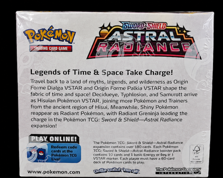 Achterkant van de Pokémon TCG Astral Radiance Booster Box Engels factory sealed
