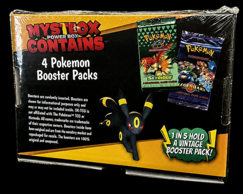 Achterzijde van de Mystery Power Booster Box met informatie over de 4 Pokémon-boosterpacks