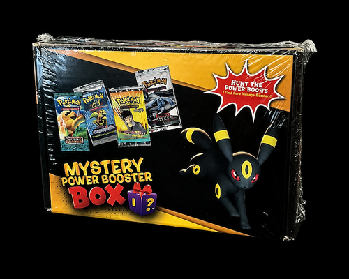 Voorzijde van de sealed Mystery Power Booster Box met 4 Pokémon-boosterpacks