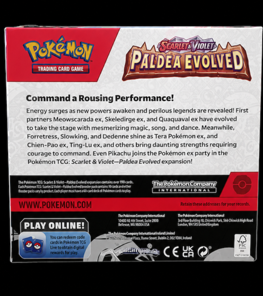 Achterkant van de Pokémon TCG Paldea Evolved Booster Box Engels factory sealed
