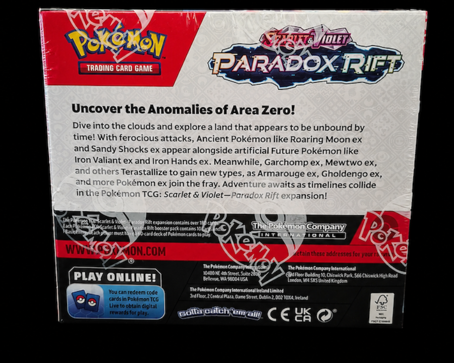 Achterzijde van de Engelse Pokémon Paradox Rift Booster Box factory sealed