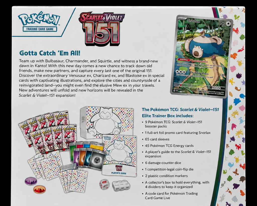 Achterkant van de Engelse Pokémon 151 Elite Trainer Box met overzicht van de inhoud
