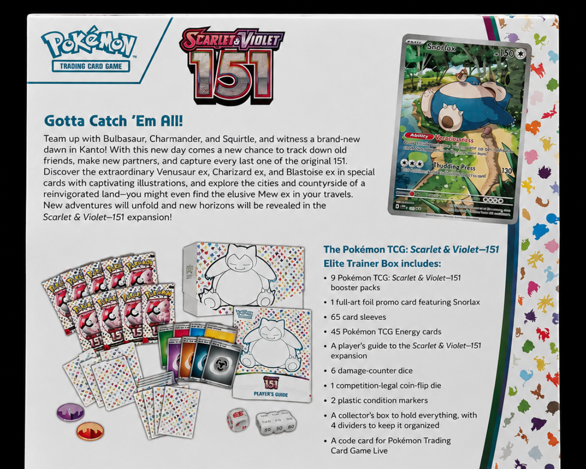 Achterkant van de Engelse Pokémon 151 Elite Trainer Box met overzicht van de inhoud