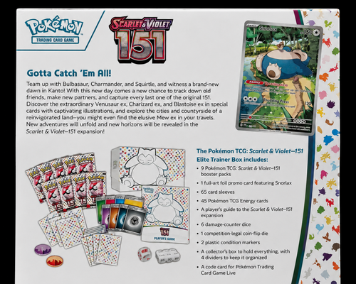 Achterkant van de Engelse Pokémon 151 Elite Trainer Box met overzicht van de inhoud