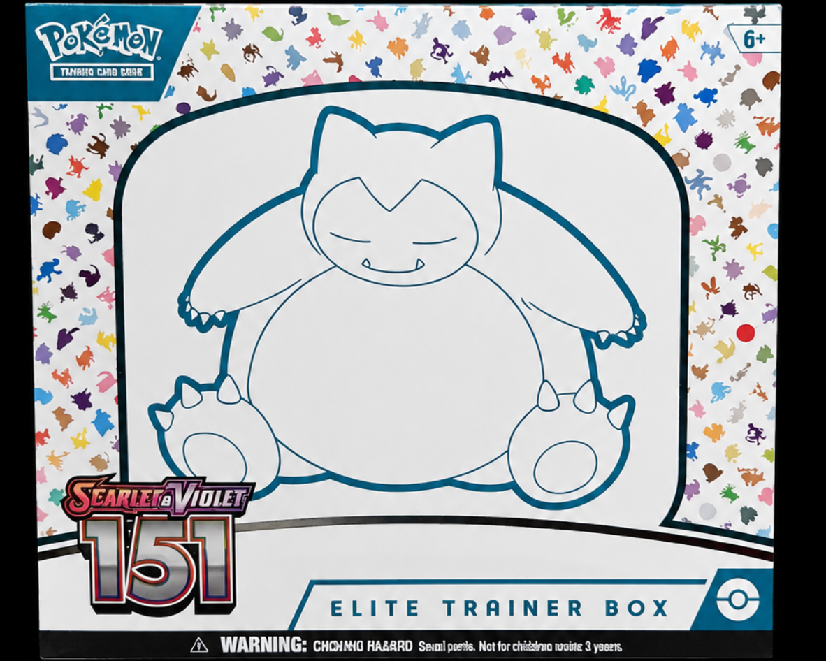 Voorkant van de Engelse Pokémon 151 Elite Trainer Box met Snorlax, mint en fabrieksverzegeld