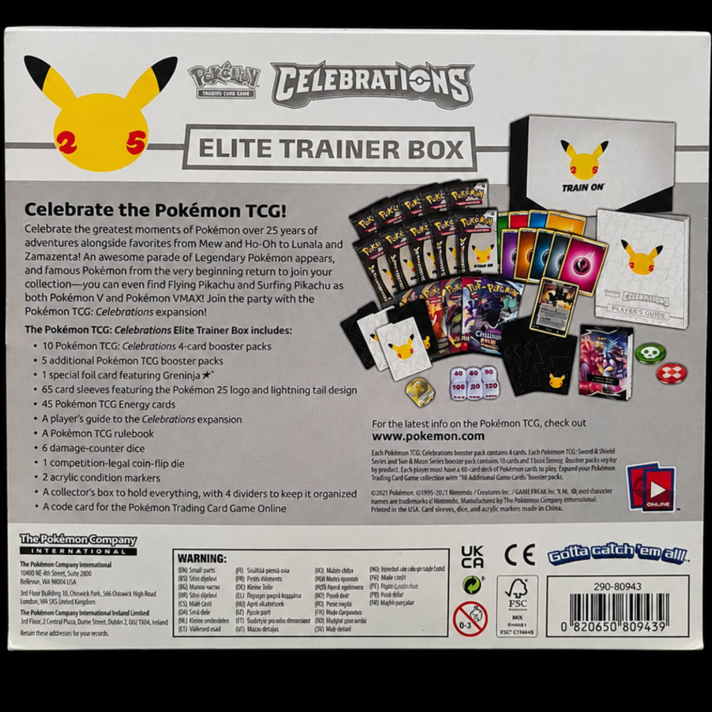Pokémon Celebrations Elite Trainer Box (ETB) Factory Sealed achterkant met inhoudsoverzicht – Engelse editie