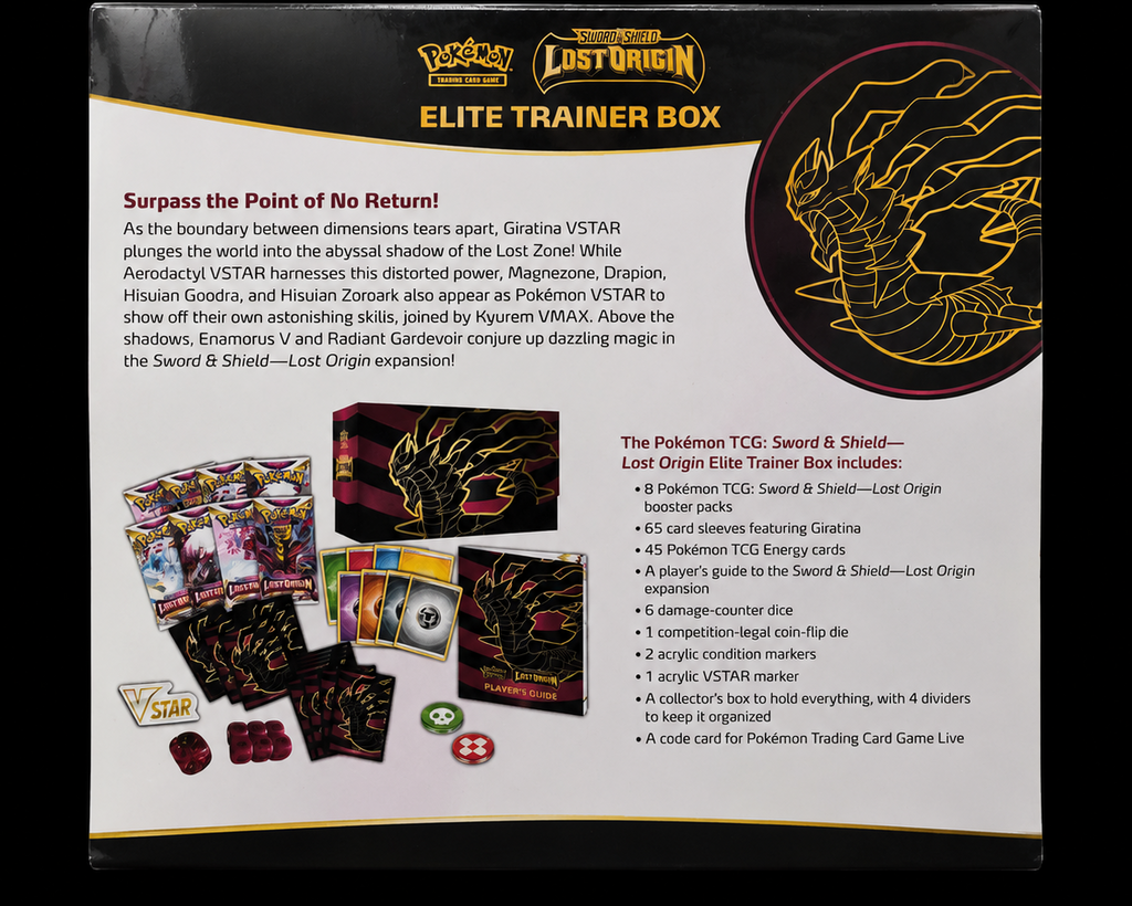 Achterkant van de Engelse Pokémon Lost Origin Elite Trainer Box met overzicht van de inhoud