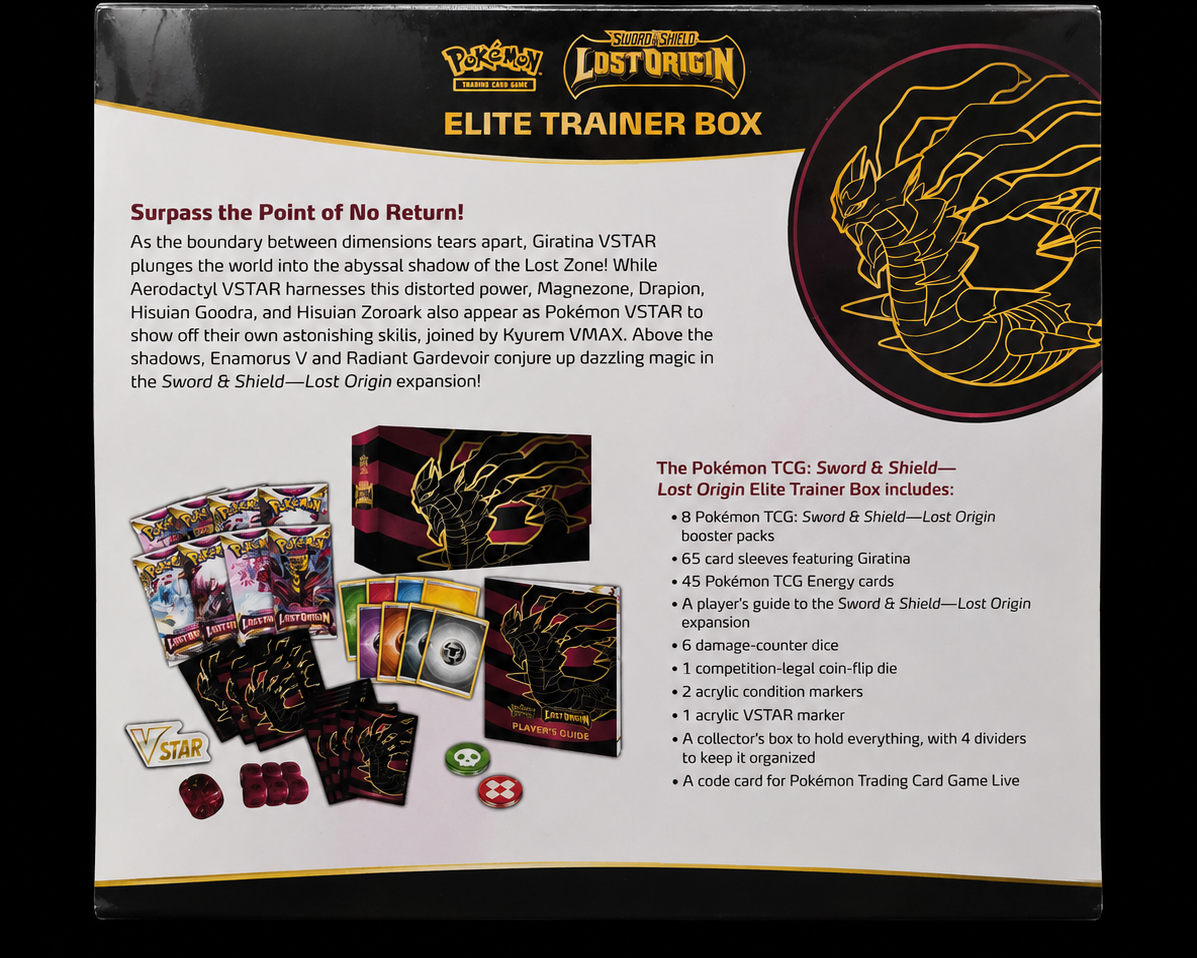 Achterkant van de Engelse Pokémon Lost Origin Elite Trainer Box met overzicht van de inhoud