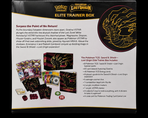 Achterkant van de Engelse Pokémon Lost Origin Elite Trainer Box met overzicht van de inhoud