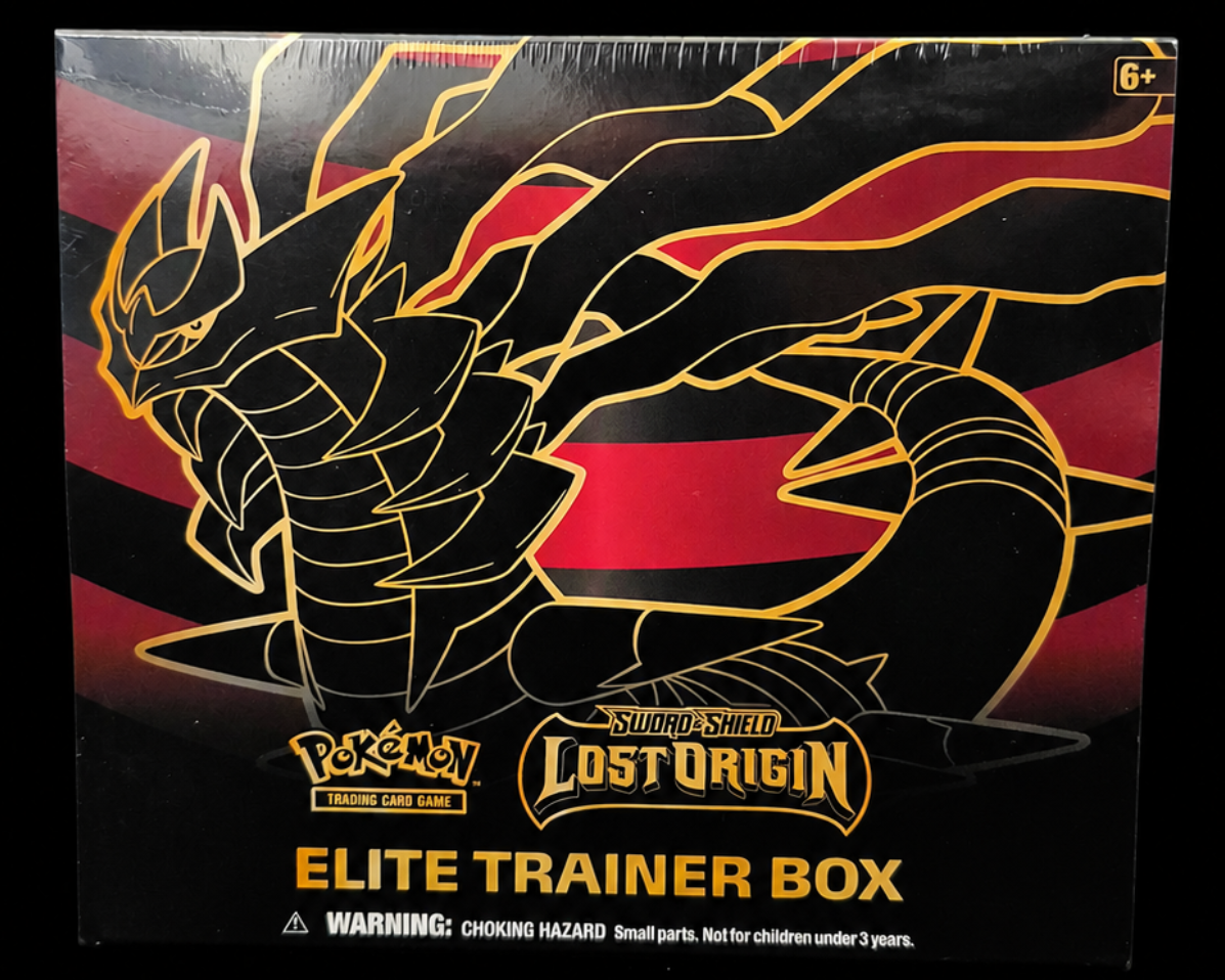 Voorkant van de Engelse Pokémon Lost Origin Elite Trainer Box met Giratina, mint en fabrieksverzegeld