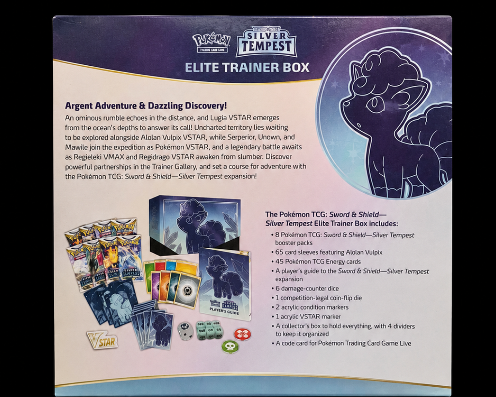 Achterkant van de verzegelde Pokémon Silver Tempest Elite Trainer Box met inhoudsoverzicht