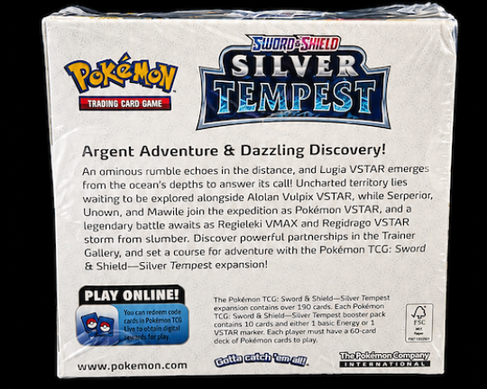 Achterkant van de Pokémon TCG Silver Tempest Booster Box Engels factory sealed