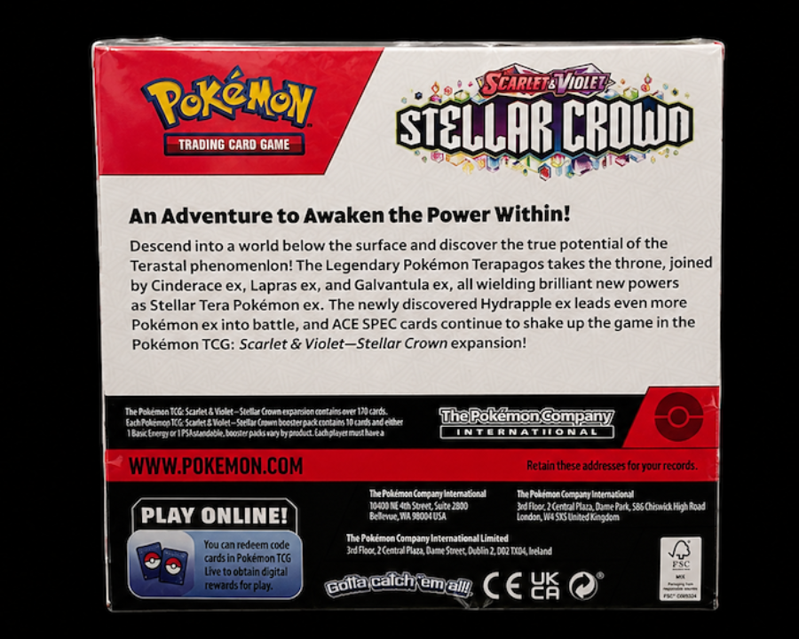 Achterkant van de Pokémon TCG Stellar Crown Booster Box Engels factory sealed