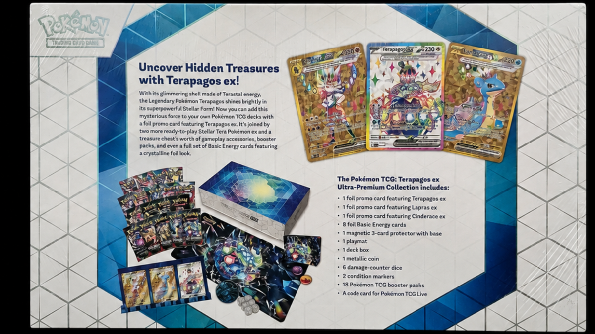 Achterkant van de Pokémon TCG Terapagos ex Ultra-Premium Collection Engels factory sealed